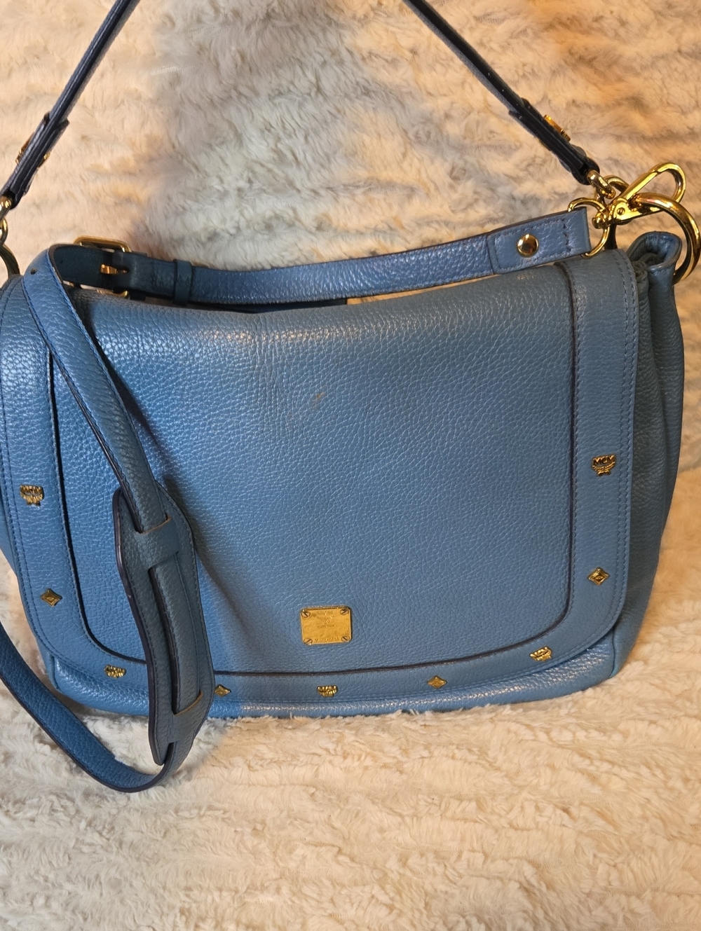 MCM Light Blue Pebbled Leather Shoulder Bag with Gold Hardware